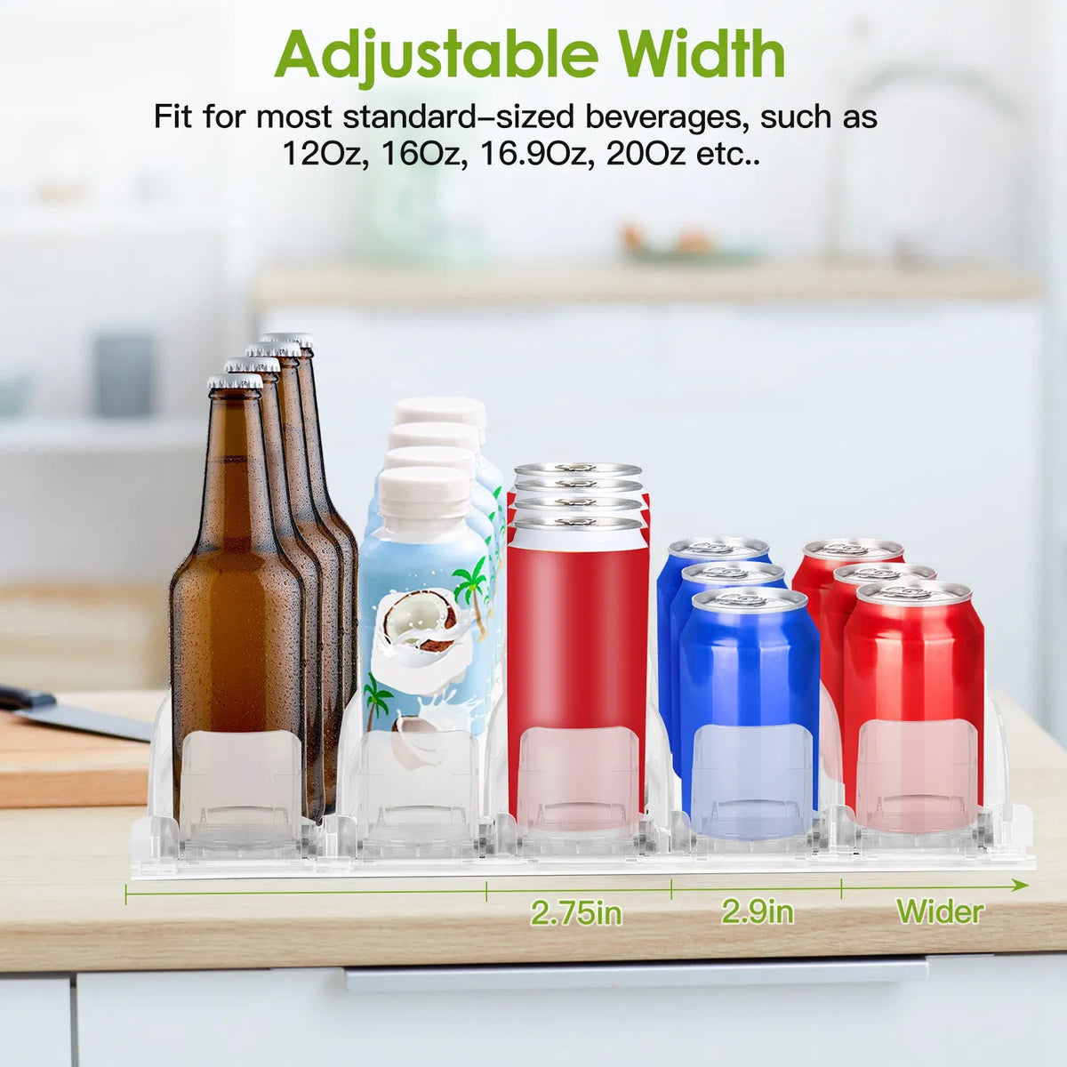 Drink Organizer for Fridge Spring Loaded Beverage Dispenser Width Adjustable - Image 2