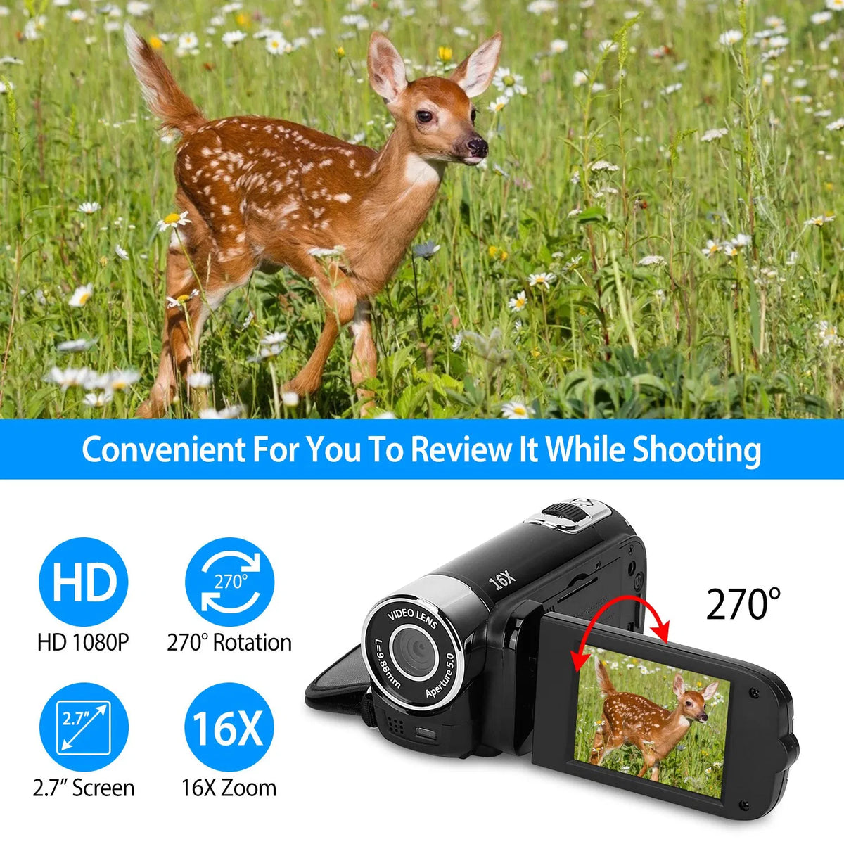 HD 1080P Digital Video Camcorder 2.7in 16X Zoom DV Camera 270° Rotation - Image 2