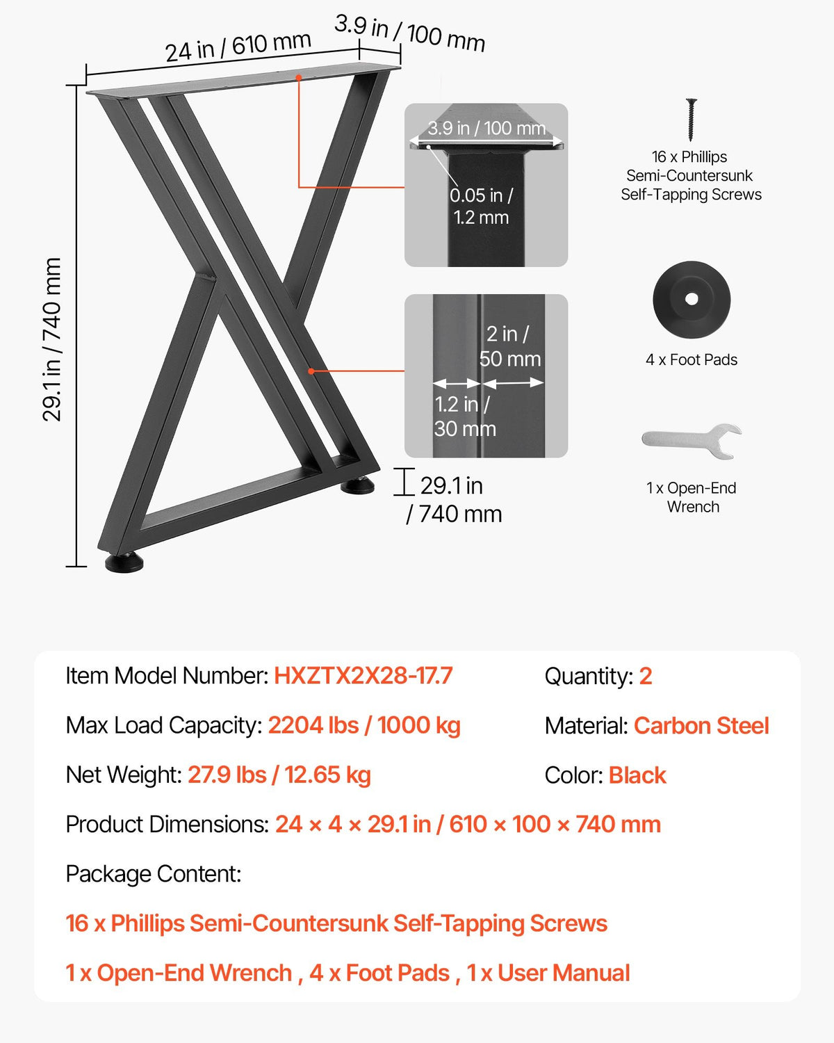 Table Legs 29.1" H X 24" W Steel Furniture Legs 2204 Lbs Max Load Heavy - Image 3