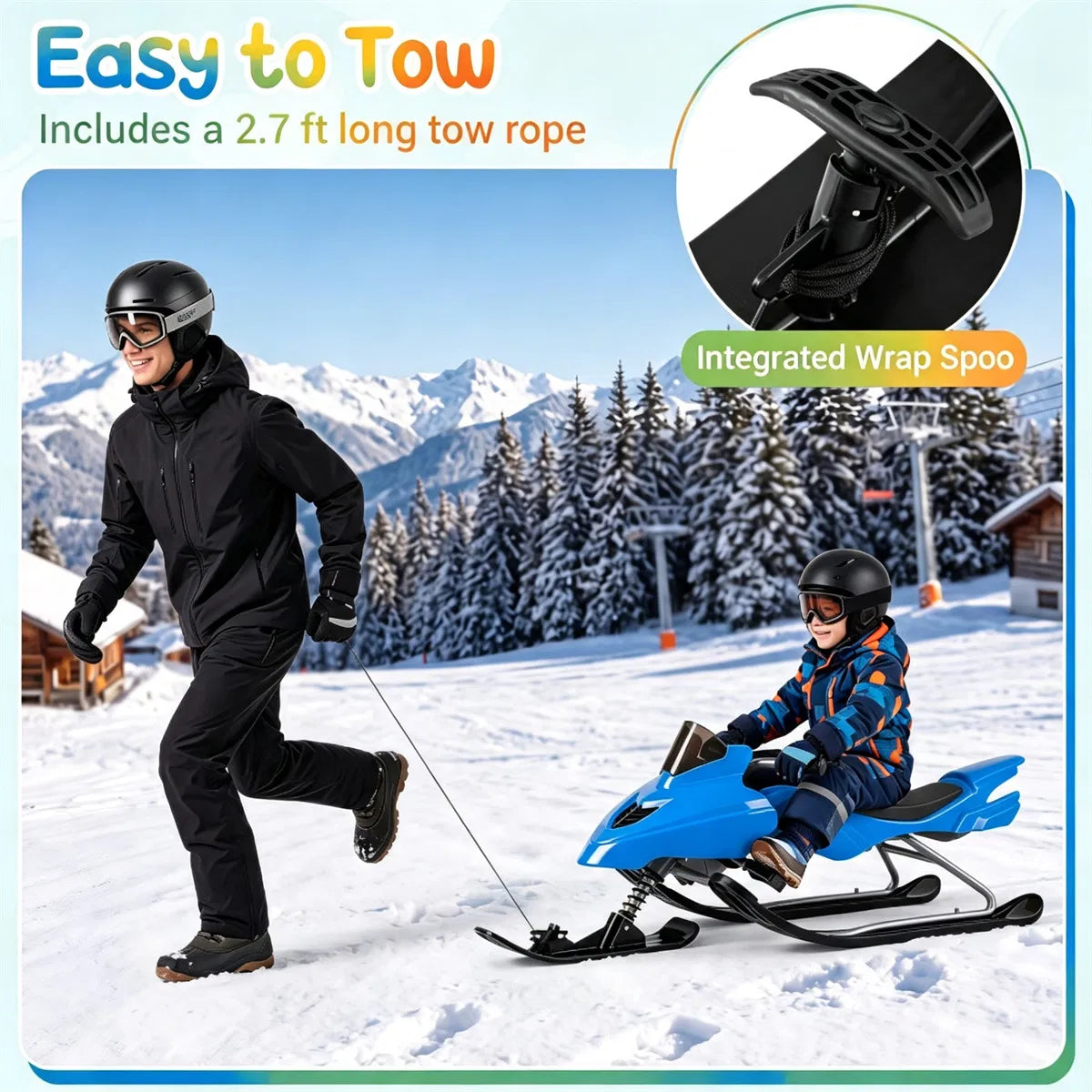2 in 1 Kids Snow Racer Sled with Tow Rope 30 Steering & Dual Foot Brakes - Image 4