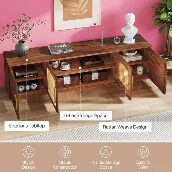 Long Wood TV Console with Six-Tier Storage Shelves