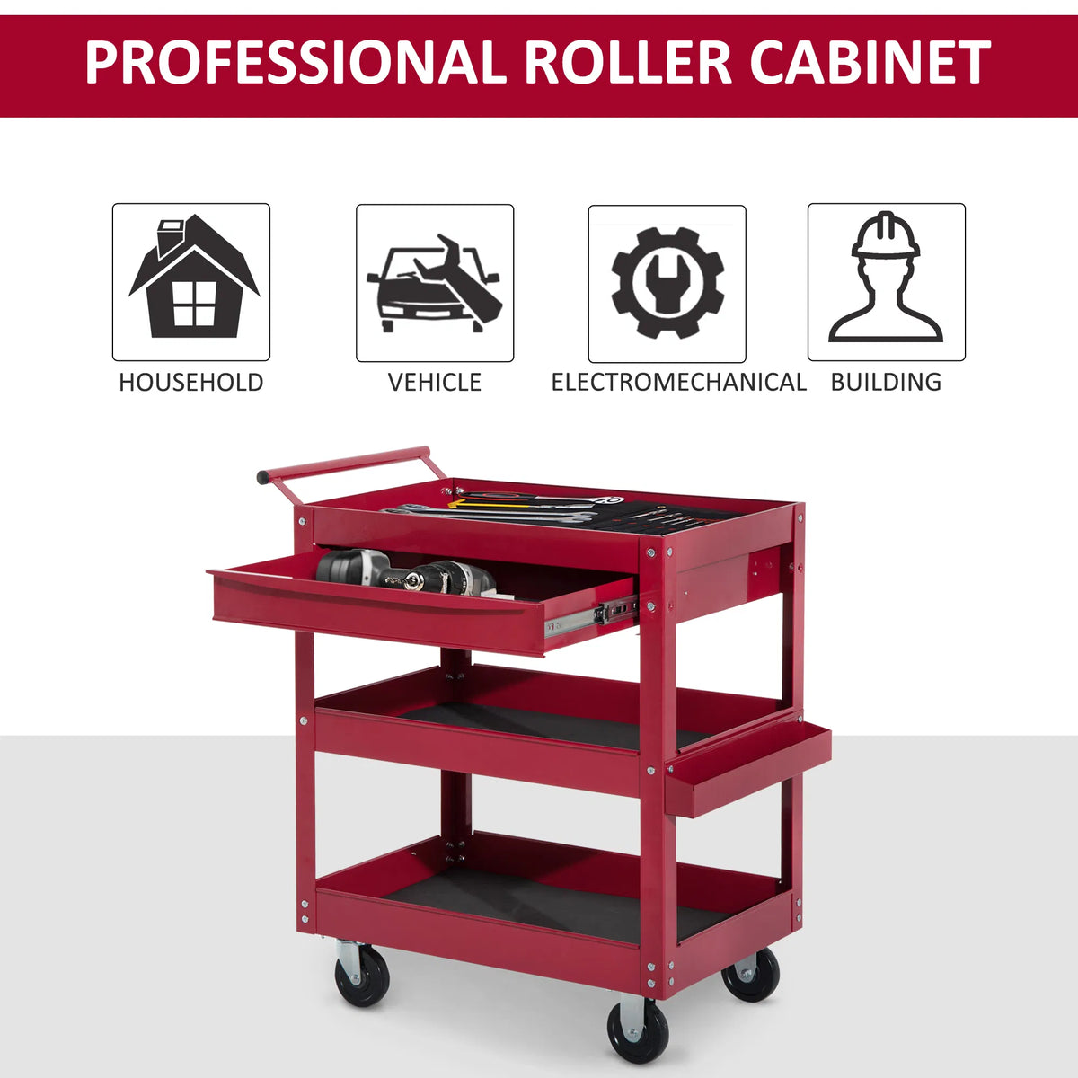 Tool Cart With 3 Tray 1 Drawer Storage Chest Garage Utility Red - Image 2
