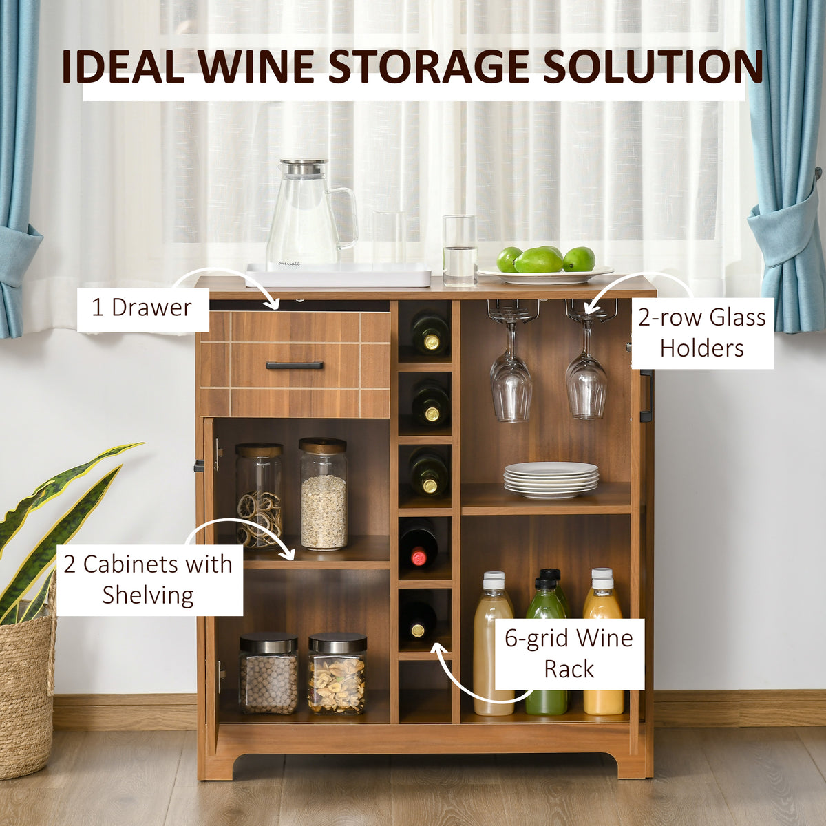 Retro Wine Cabinet For Bottles Rack Sideboard Serving Bar With Glass Holders - Image 2