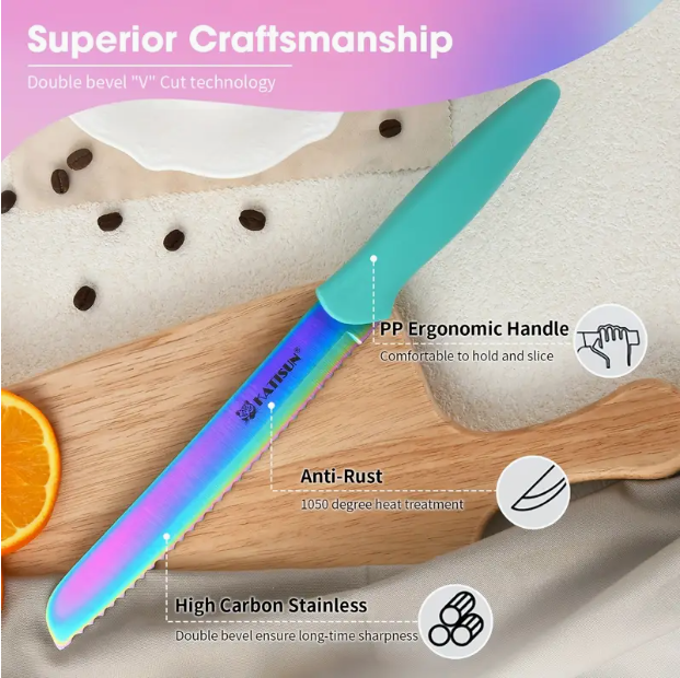 14 Piece Rainbow Colored High Carbon Stainless Steel Kitchen Knife Set - Image 5