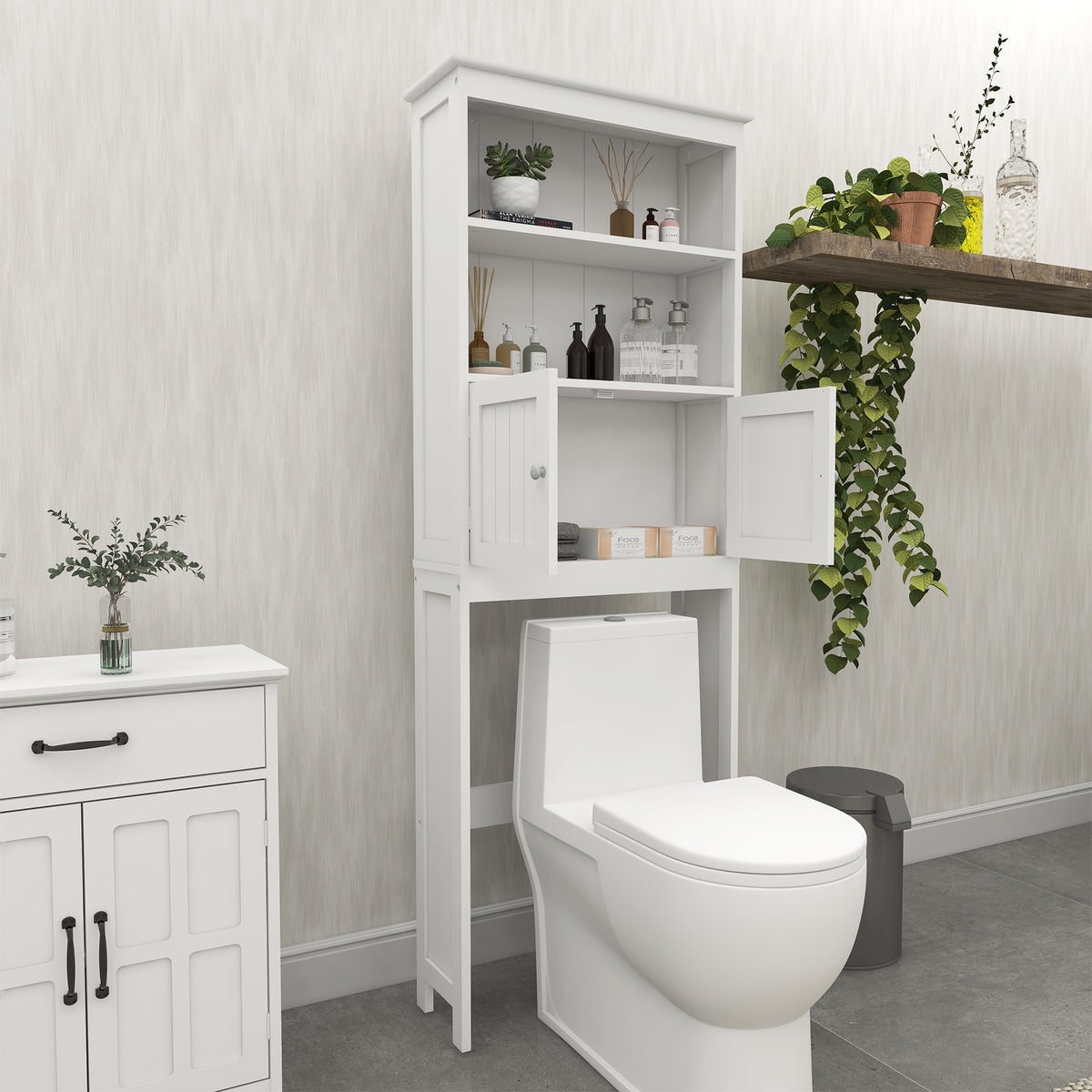 Over The Toilet Rack Tier Bathroom Spacesaver Storage Shelf With Doors Wood - In-Use and Feature Display