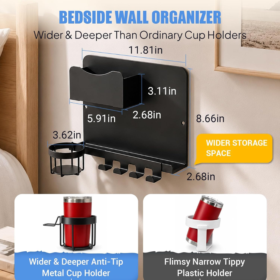 Metal Bedside Wall Shelf No Drill Floating Organizer - Image 4