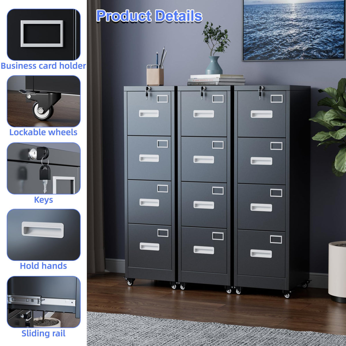 4-Drawer Lockable Rolling Office File Cabinet