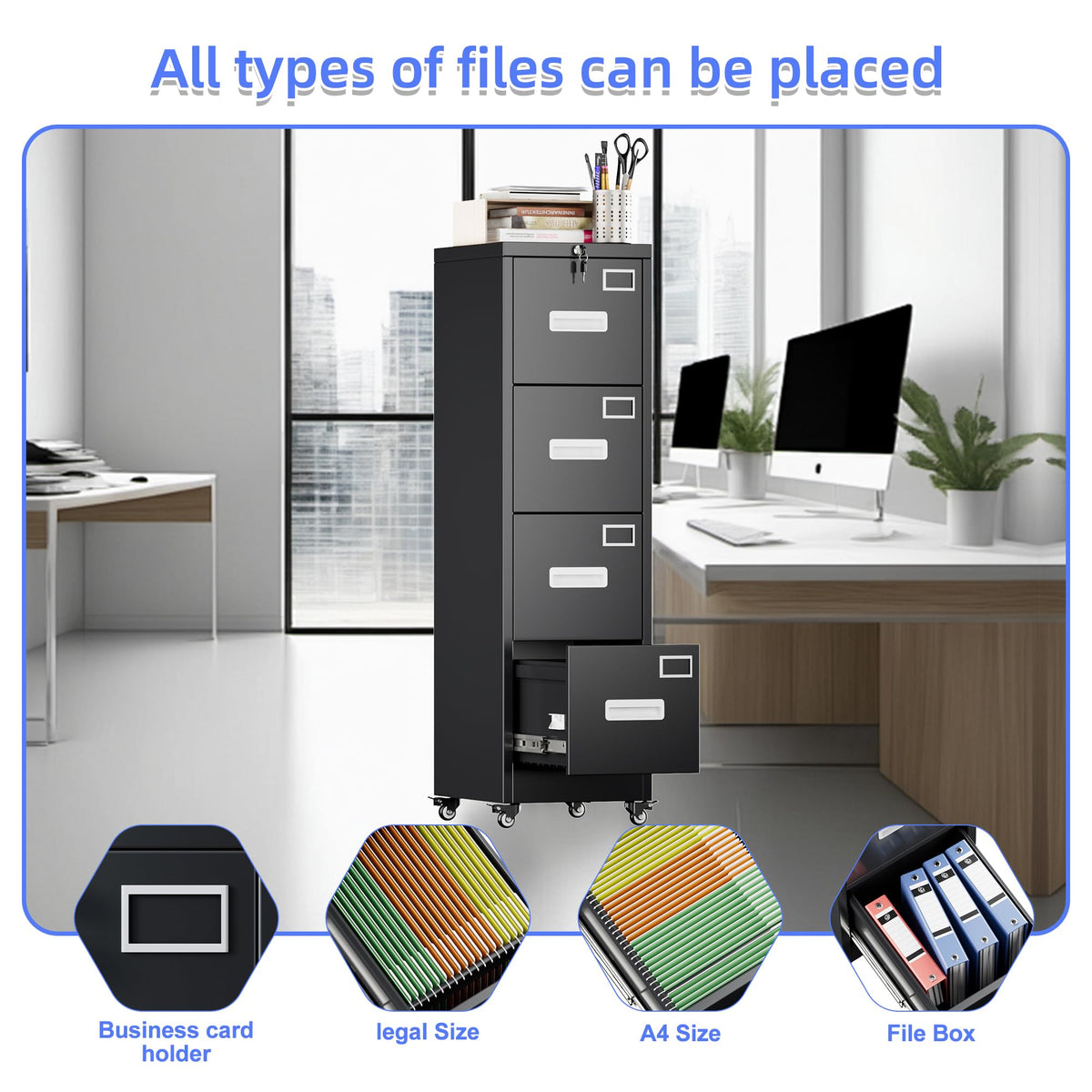 4-Drawer Lockable Rolling Office File Cabinet