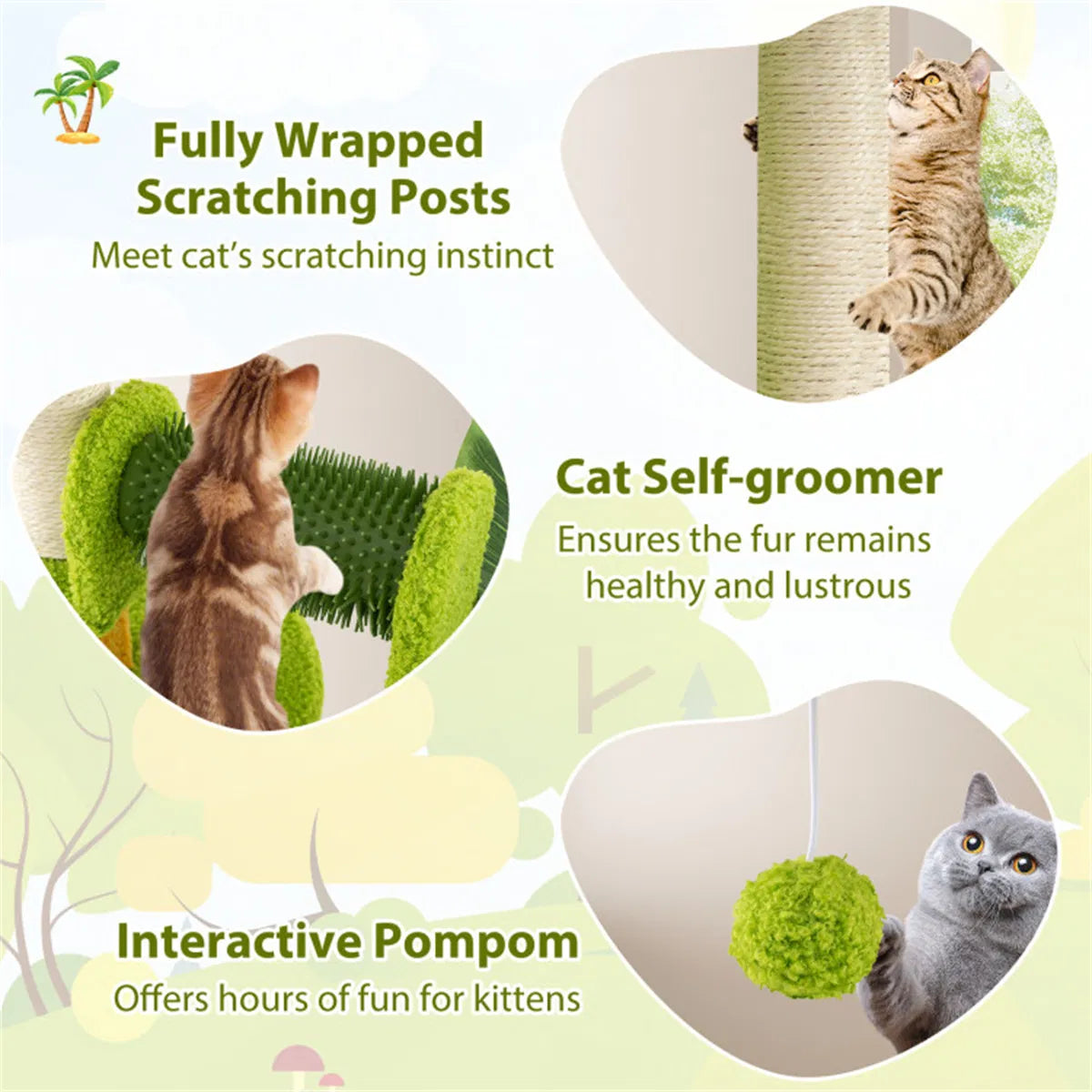Cat Tree 22LBS Capacity Palm Tree Design with Self Groomer & Scratching Posts - Image 3