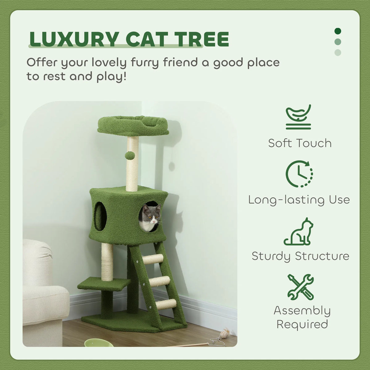 47" Tall Cat Tree Tower with Condo Ladder Scratching Posts and Hanging Ball Green - Image 2