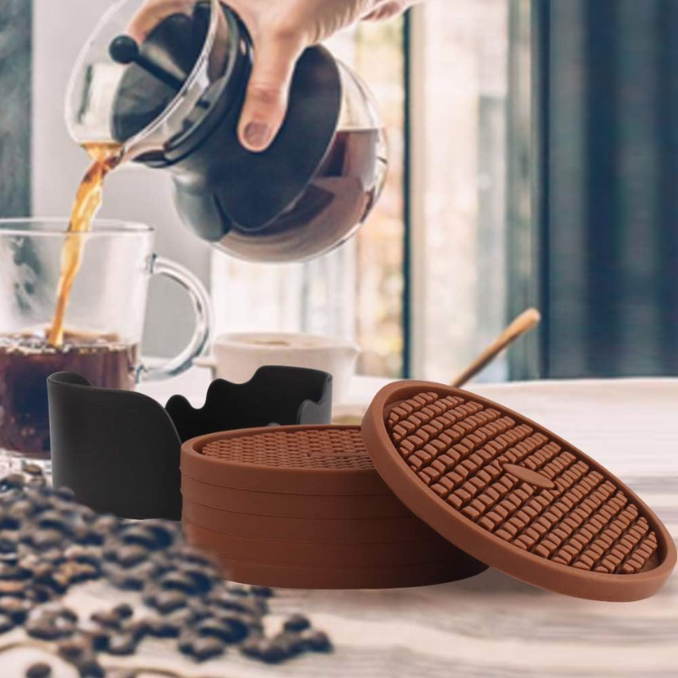 6 Piece Thick Silicone Coaster Set With Holder Non Slip Cup Mats With Deep - Image 5