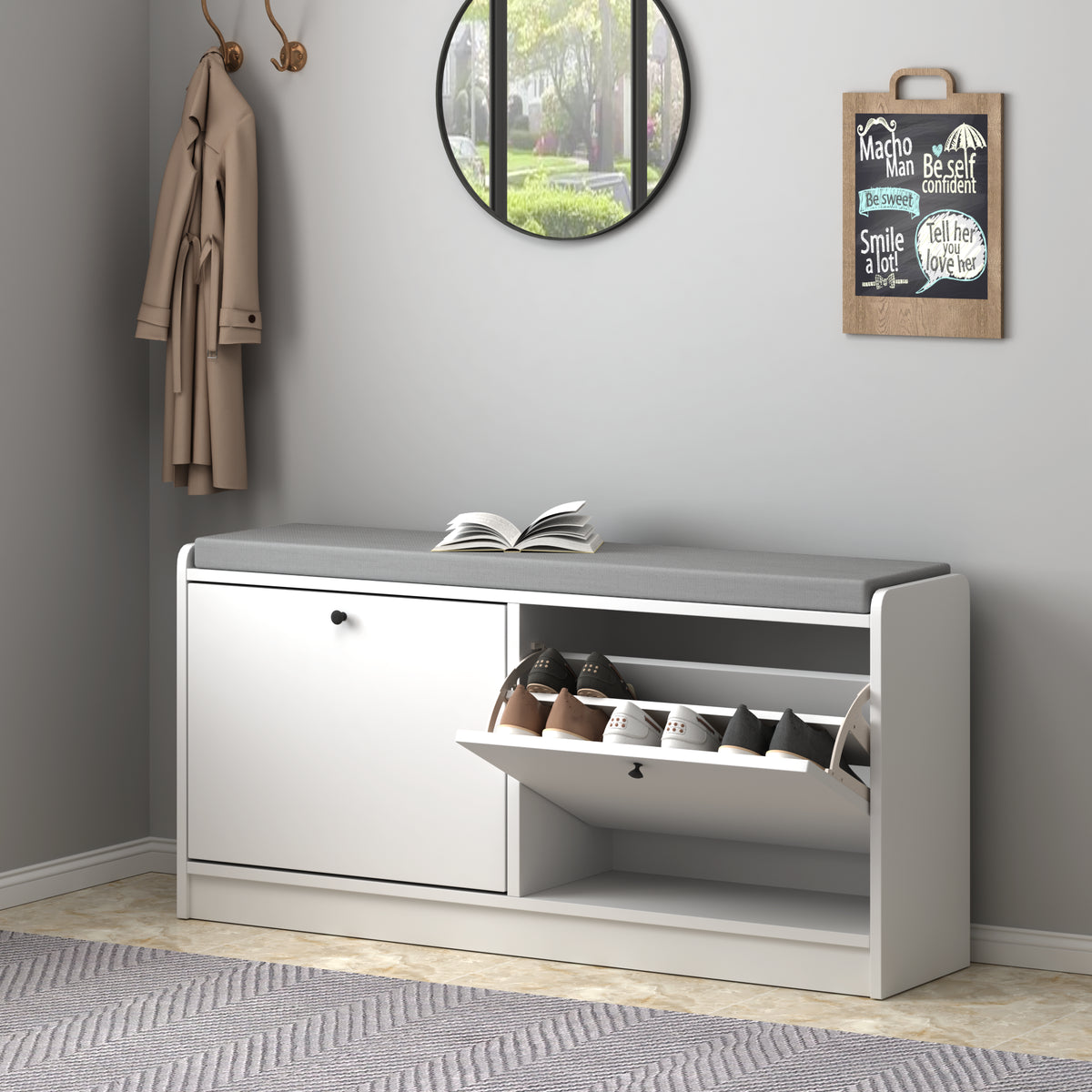 White Shoe Storage Bench with Cushion