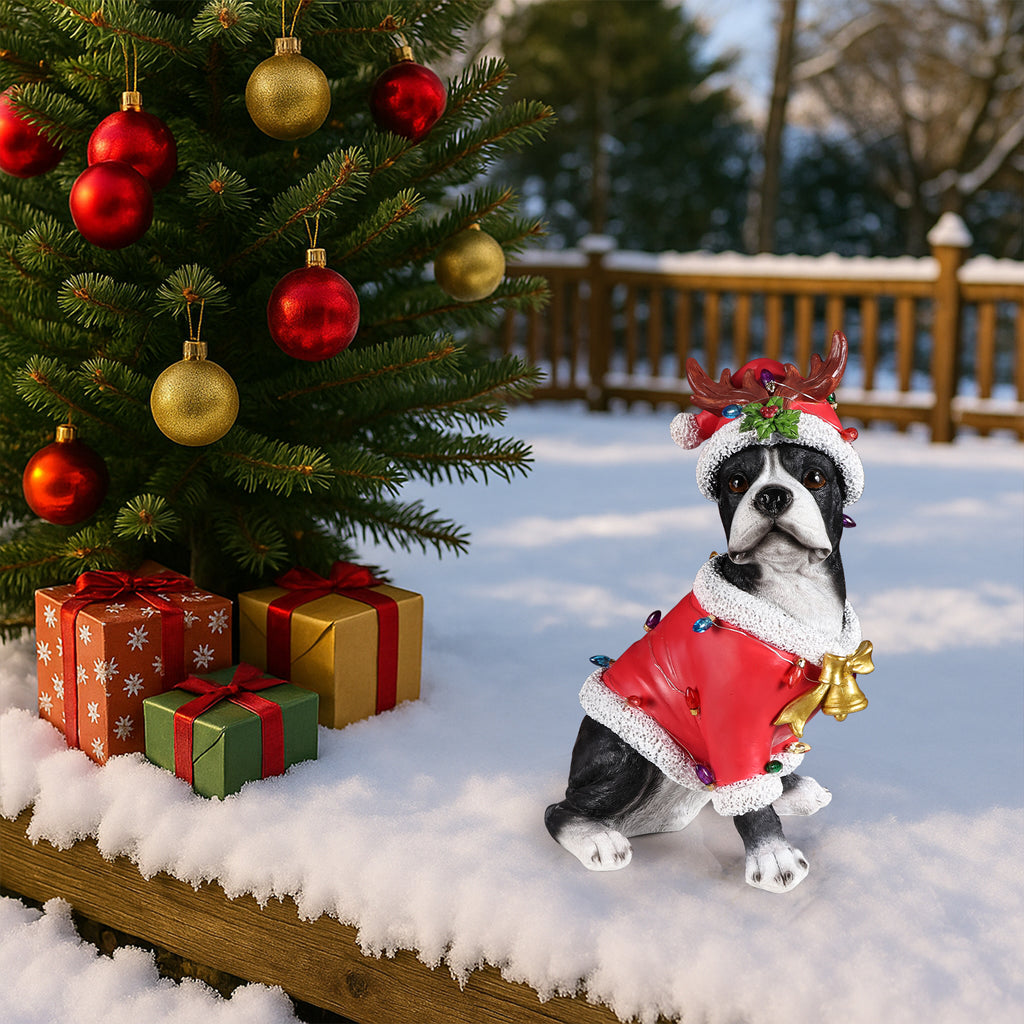 Christmas Boston Terrier Statue Holiday Dog Figurine in Santa Outfit - Image 3