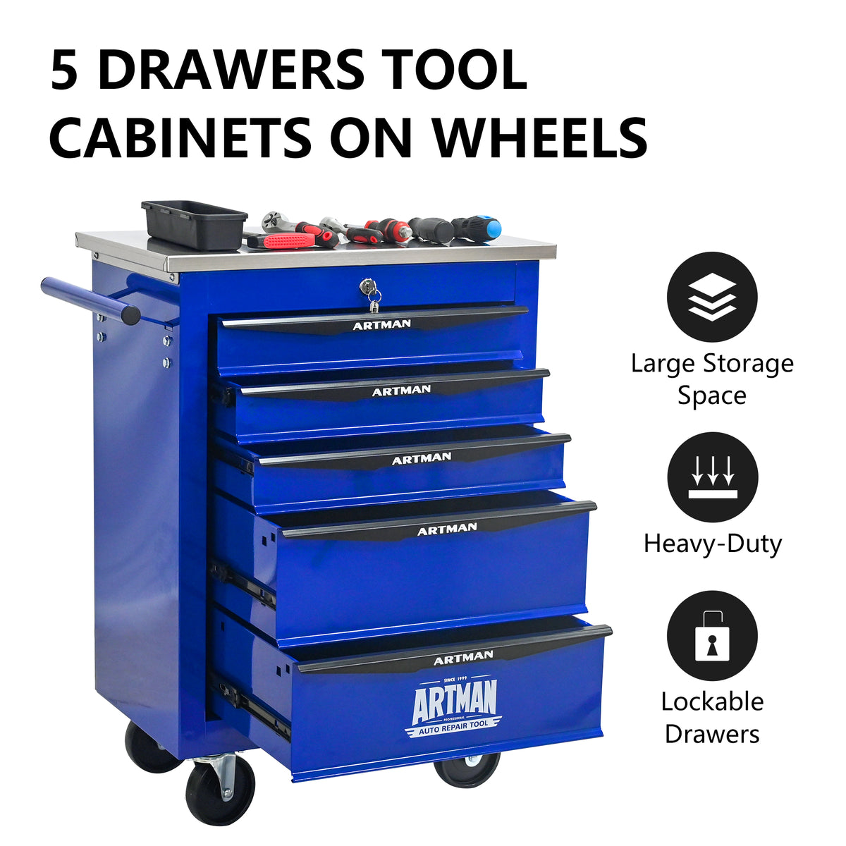 5 Drawers Multifunctional Tool Cart With Wheels - Image 2