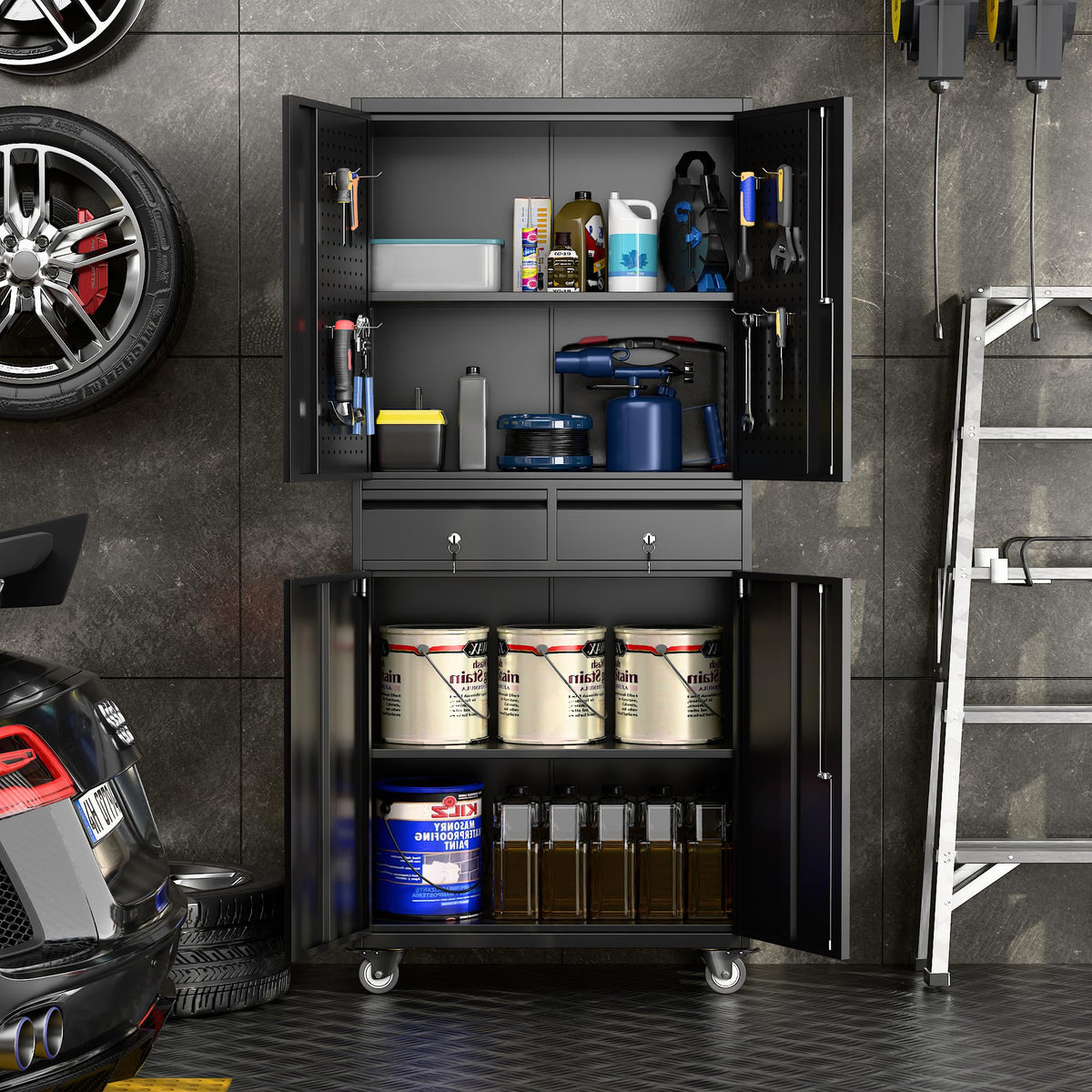 71 Inch Garage Storage Cabinet With 2 Drawers Pegboard And Wheels - Image 4