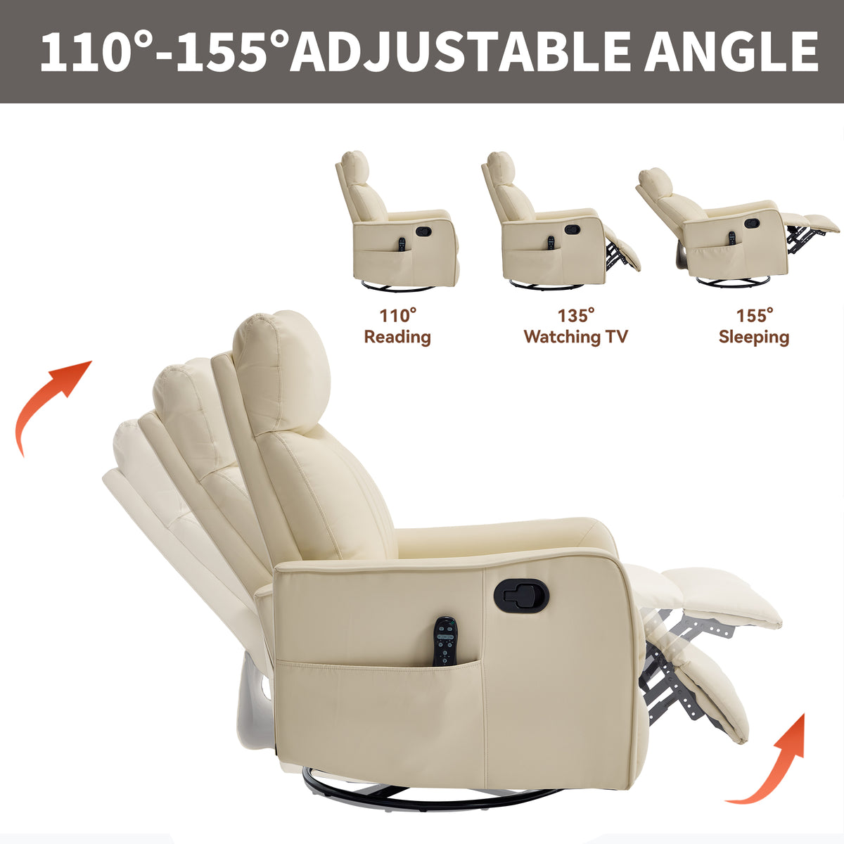 Beige Heat Massage Manual Recliner Chair with Rocker and Swivel in Faux Leather - Image 4