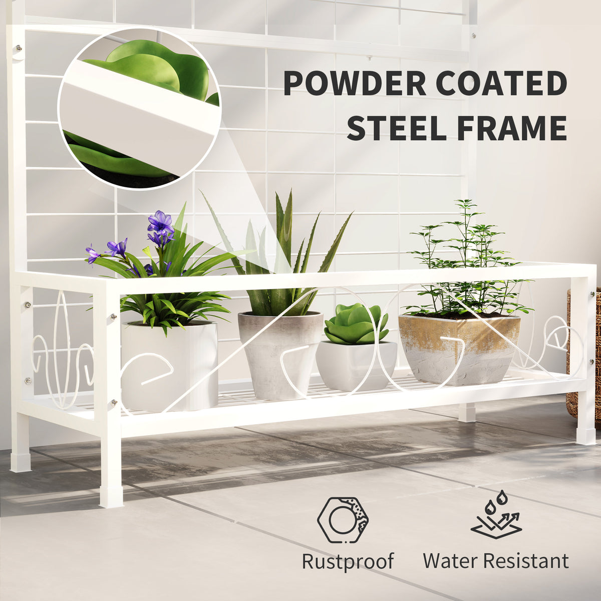 Metal Tall Plant Stand With Trellis And Hanging Bar Holder For Indoor Outdoor - Angle and Detail View
