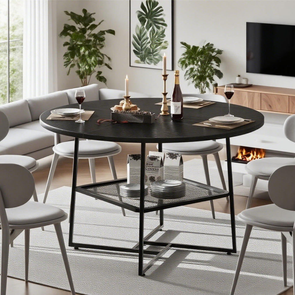 51in Round Dining Table For 4 6 Tiger Stripes Black Wooden Dining Room Table - Image 5