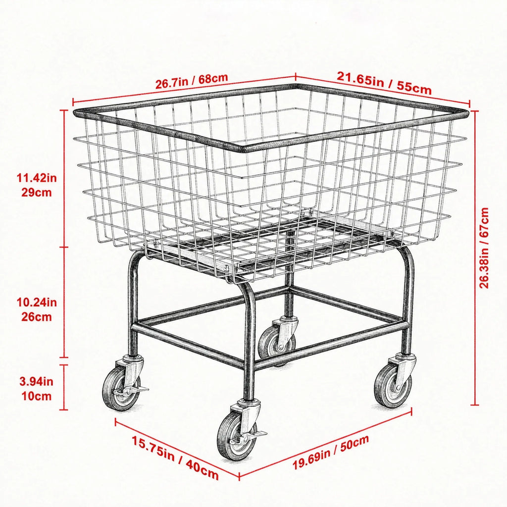 Wire Laundry Cart 2.8 Bushel Wire Laundry Basket with Wheels 26.7" x 21.7" x