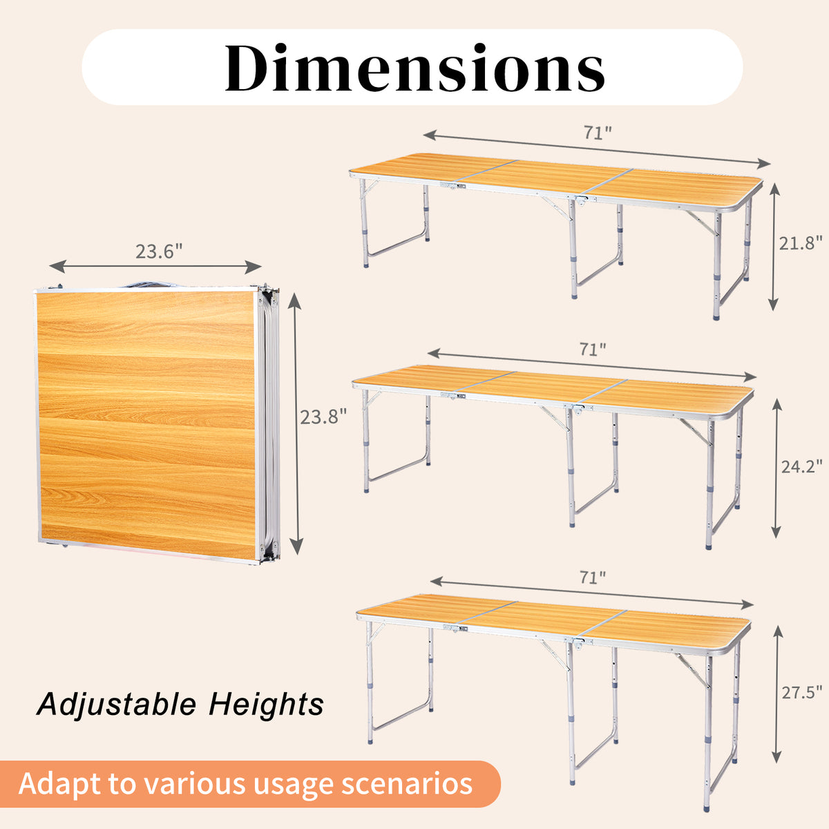 6-Foot Wood-Grain Aluminum Folding Table