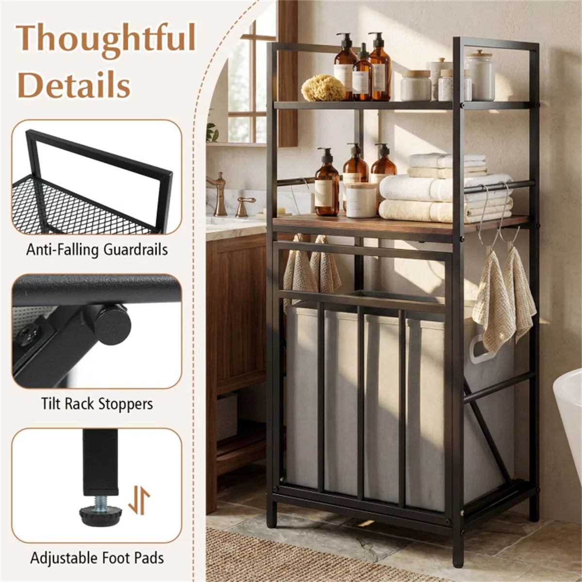 Black Rustic Brown Tilt Out Laundry Hamper Metal Engineered Wood With Shelves - Image 5