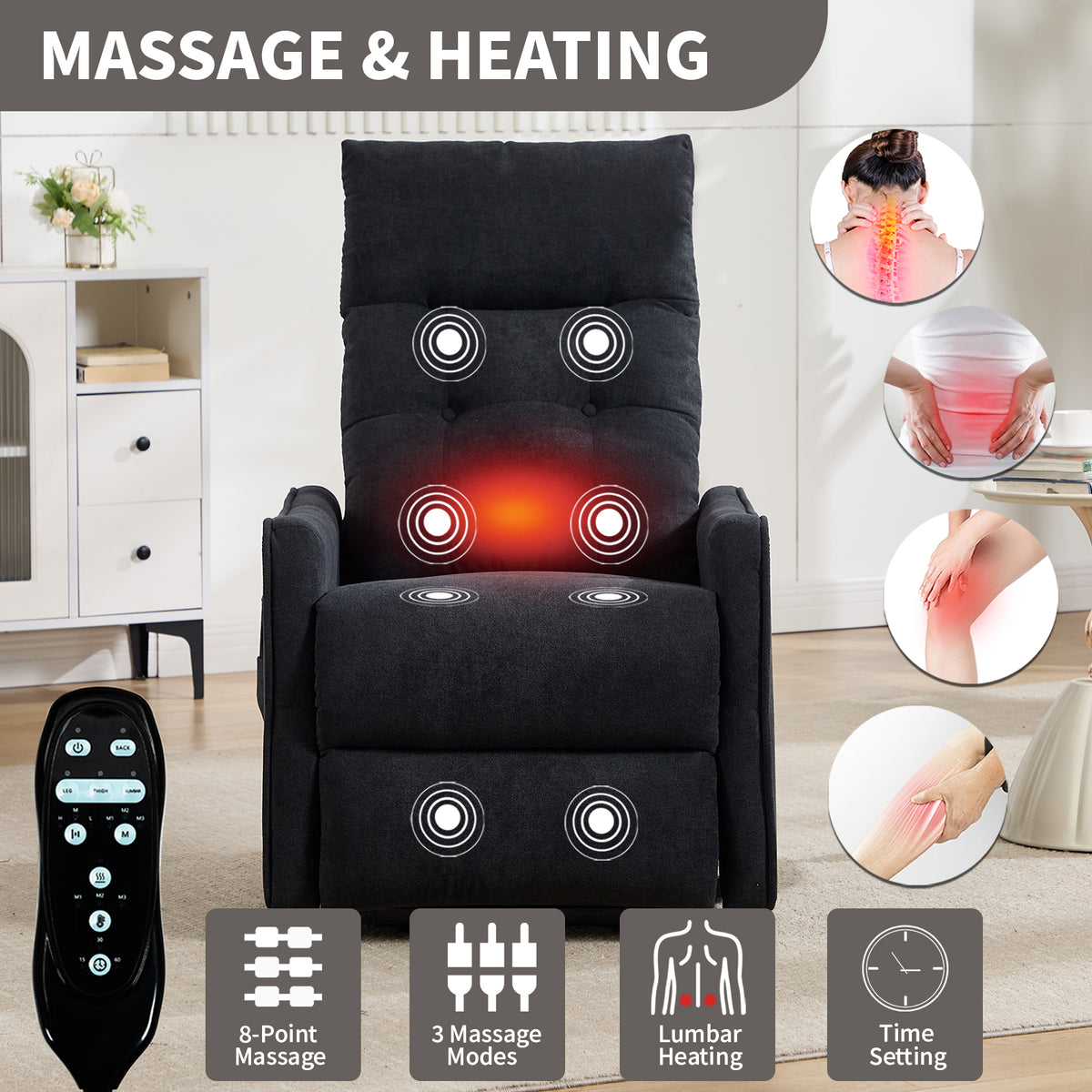 Black Chenille Single Motor Power Lift Recliner Chair with Massage and Heat for - Image 4
