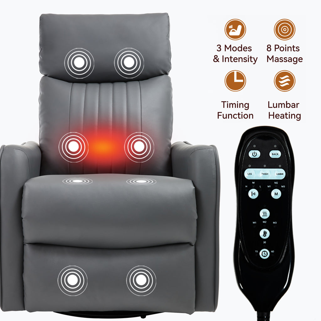Grey Faux Leather Heat Massage Manual Recliner Chair with Rocker and Swivel for - Image 4