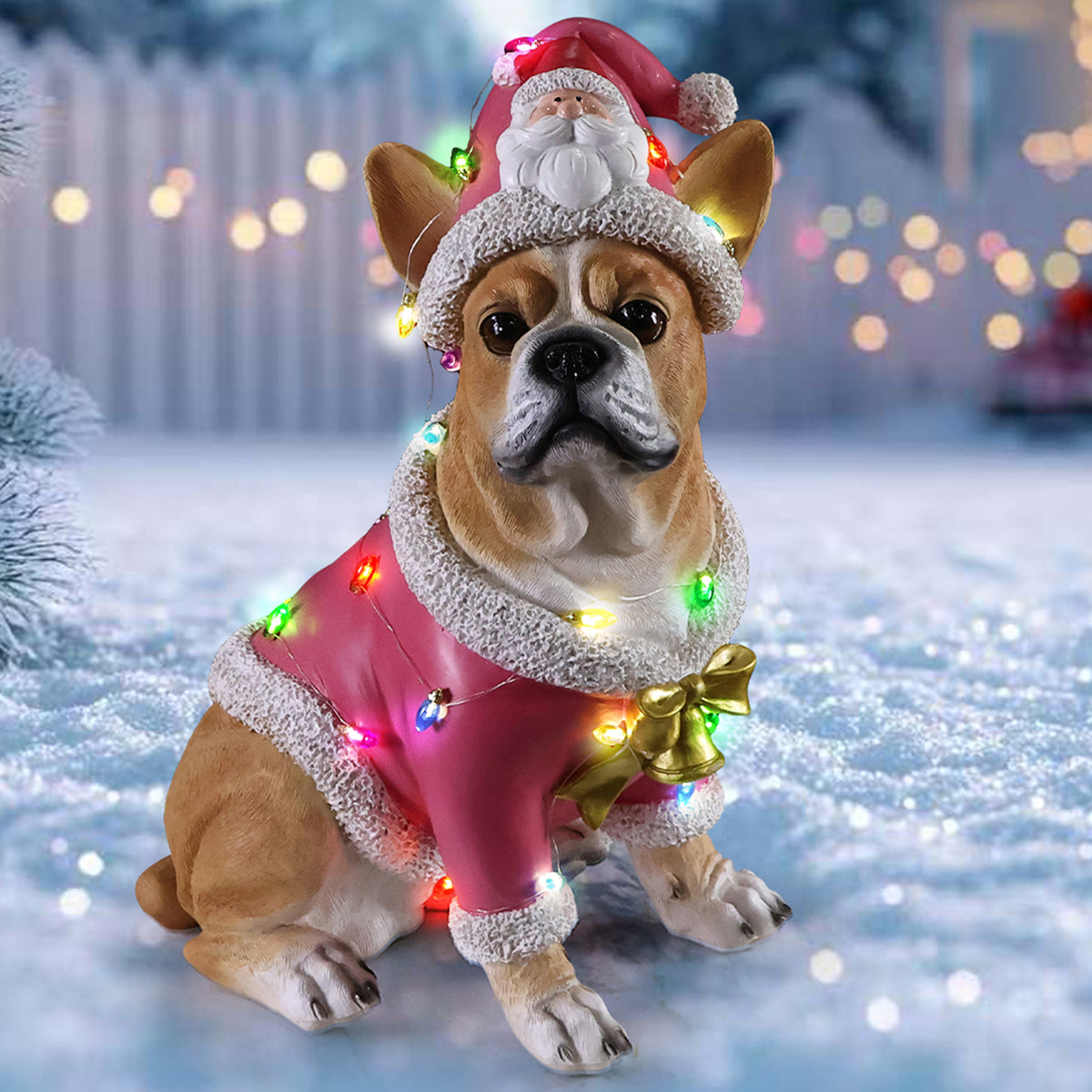 Christmas French Bulldog Statue Holiday Dog Figurine in Pink Santa Outfit - Image 5