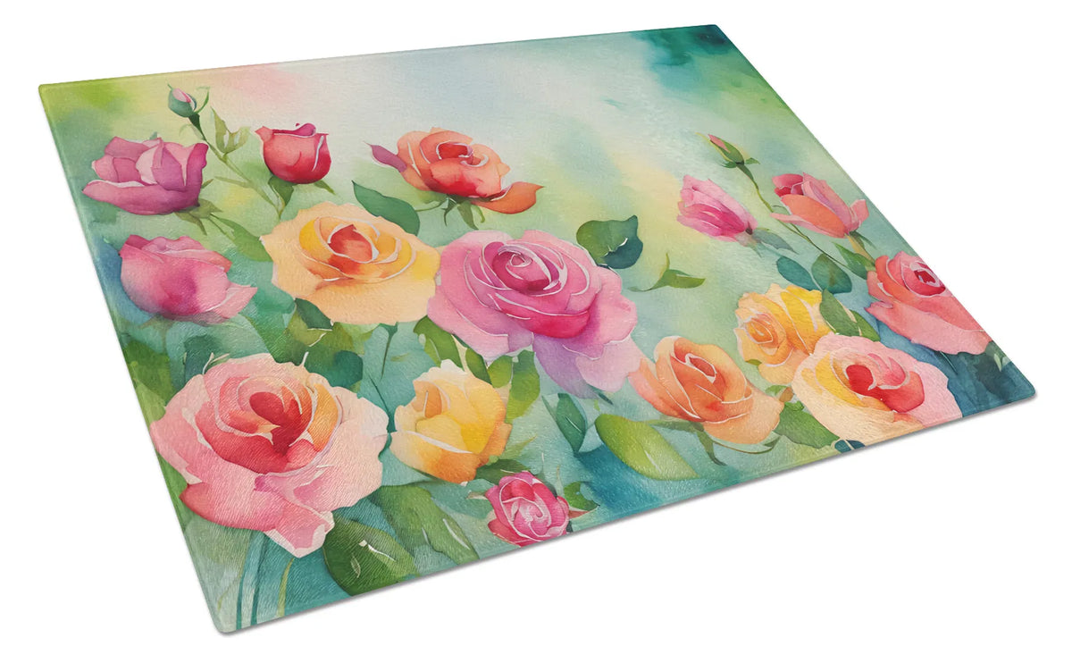 NEW Roses In Watercolor Glass Cutting Board Decorative Tempered Kitchen