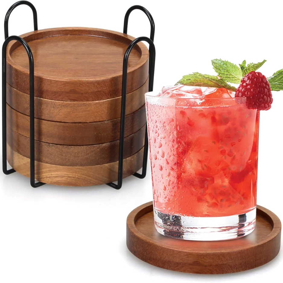 Wooden Coaster Set Of 6 Coffee Table Decor Bar Cup Drink Coasters Holder