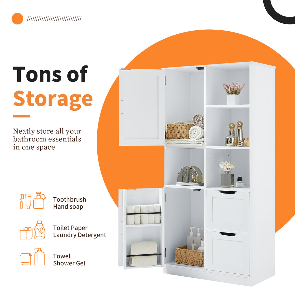 Tall White Bathroom Storage Cabinet with Drawers and Shelves