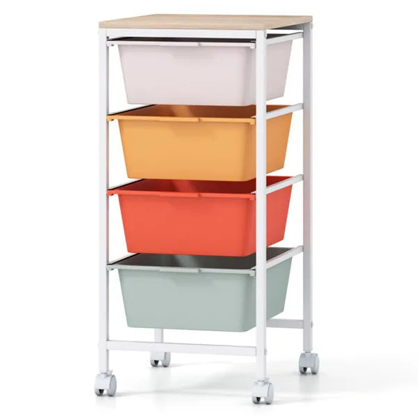 4 Drawer Rolling Storage Cart Mobile Utility Organizer With MDF Wooden Top (Macaron) - Image 3