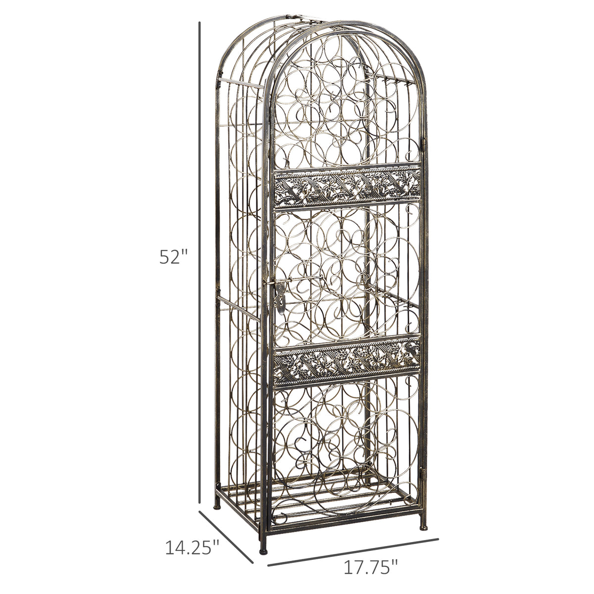 45 Bottle Wrought Iron Wine Rack Jail With Lock Antique Bronze - Angle and Detail View