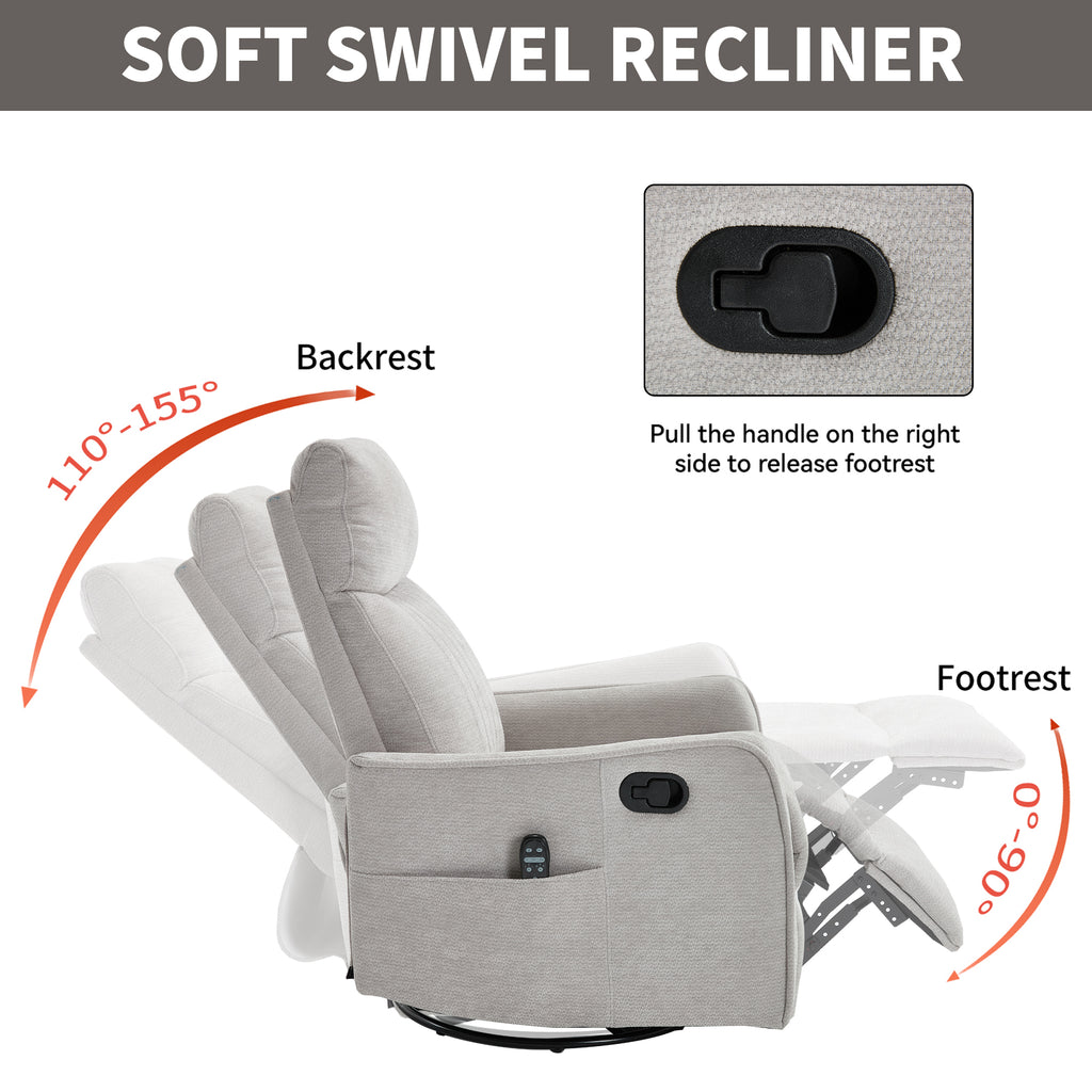 Light Grey Heat Massage Manual Recliner Chair with Rocker and Swivel in Fabric - Image 3