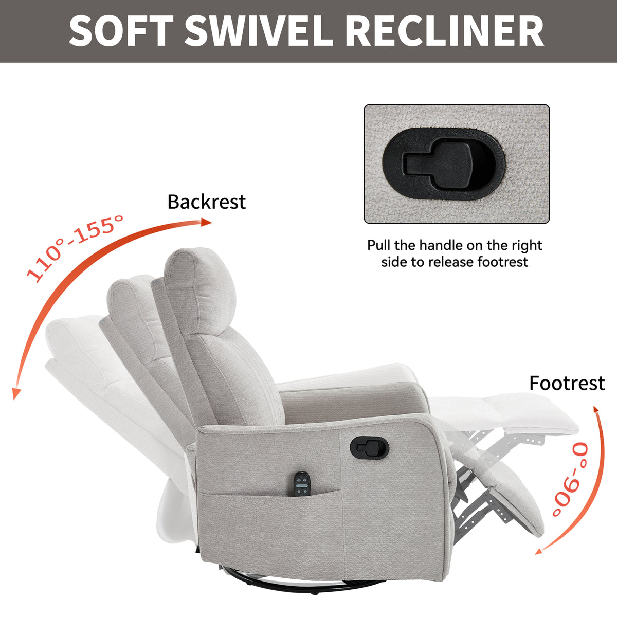 Light Grey Heat Massage Manual Recliner Chair with Rocker and Swivel in Fabric - Image 3