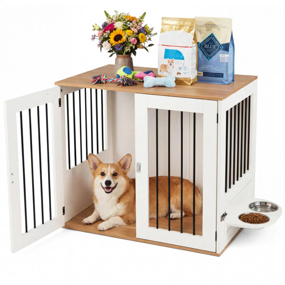 Furniture Style Dog Crate with 360° Rotating Feeder & 304 Stainless Steel - Image 4