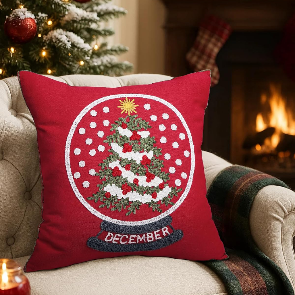 Christmas Embroidered Pillow Cover 18x18 Inch Red Globe