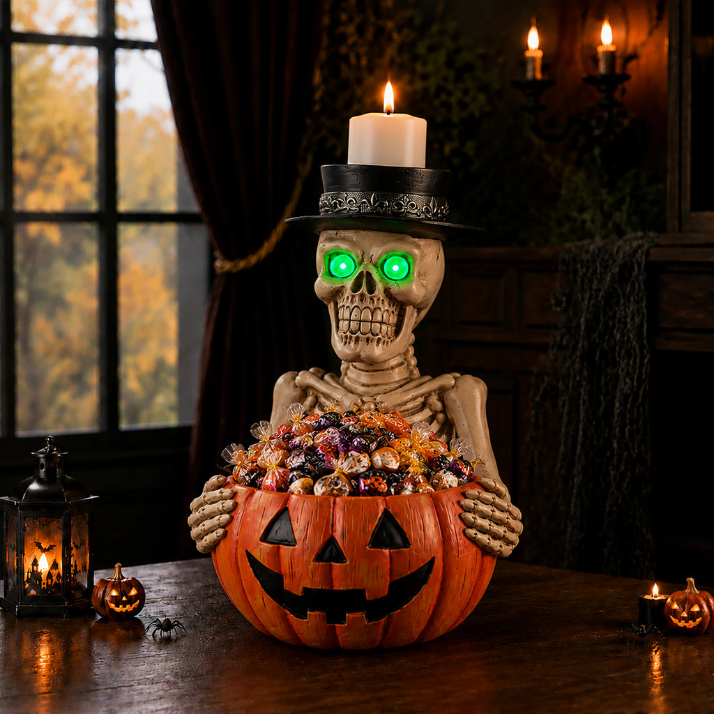 Halloween Skeleton Figurine with Pumpkin Candy Bowl & Candle Holder Spooky - Image 2