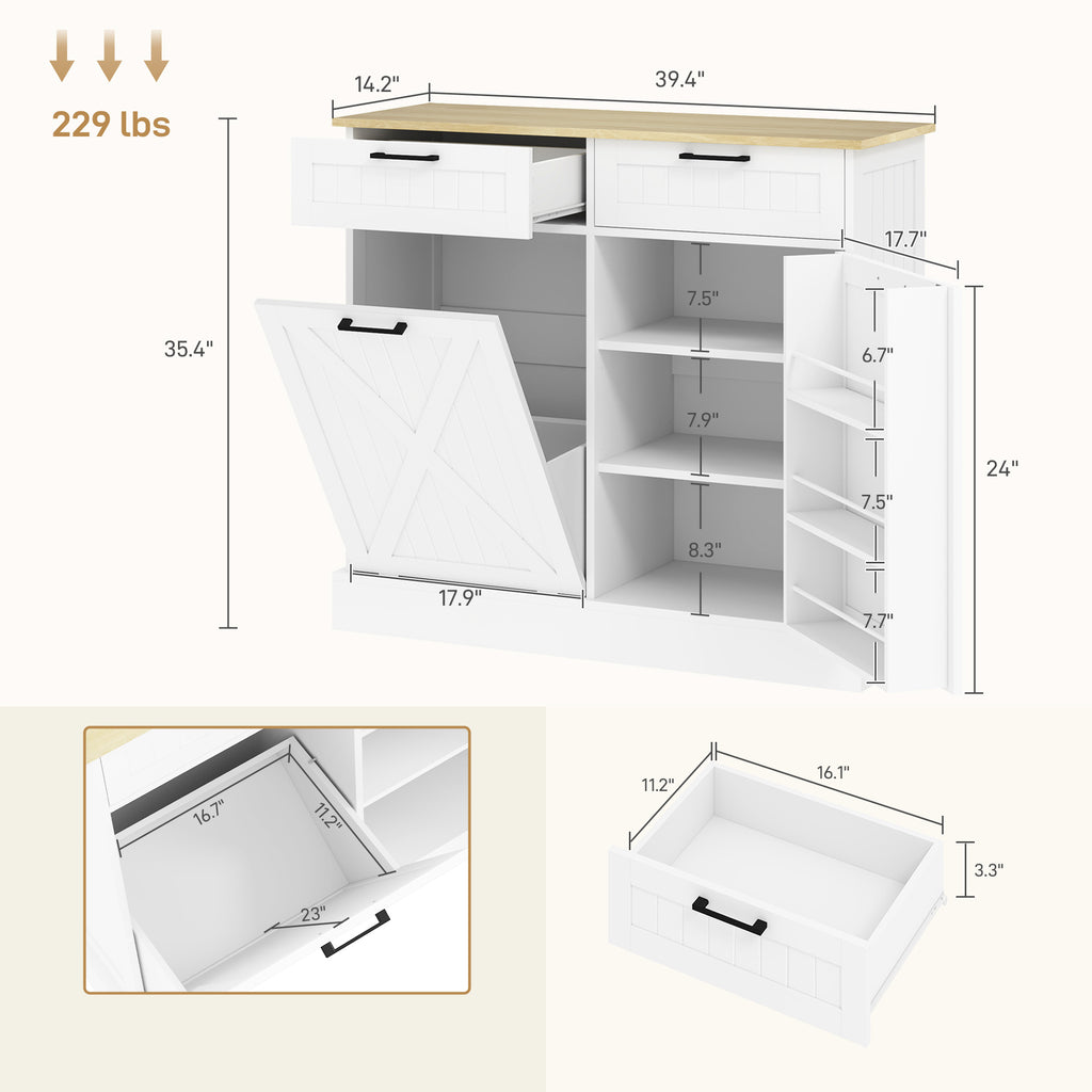 10 Gallon Farmhouse Kitchen Cabinet with Hidden Trash Can and 2 Drawers Tilt - Image 3