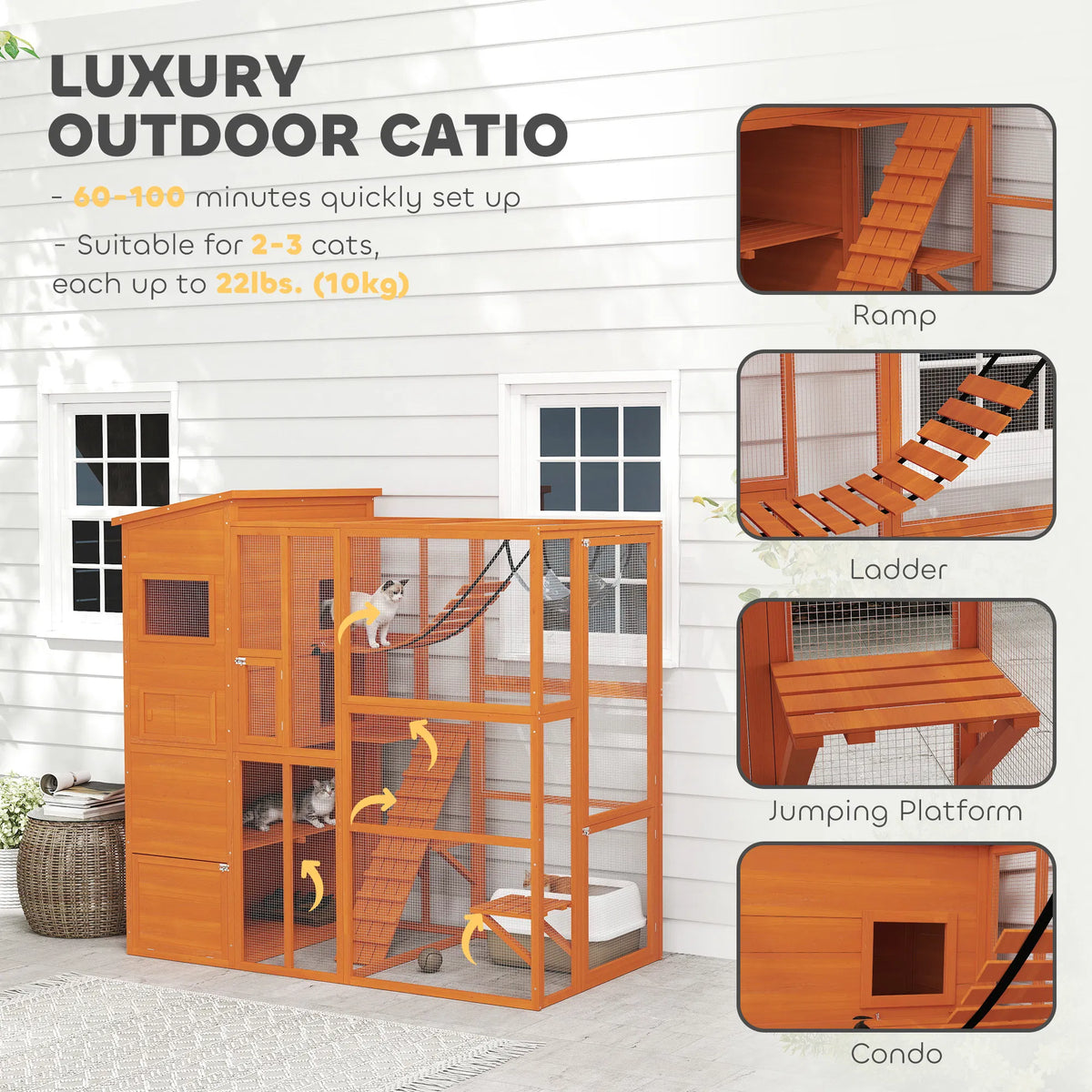 76" Catio Outdoor Cat Enclosure with Cat Condo Jumping Platforms Ladder - Image 2