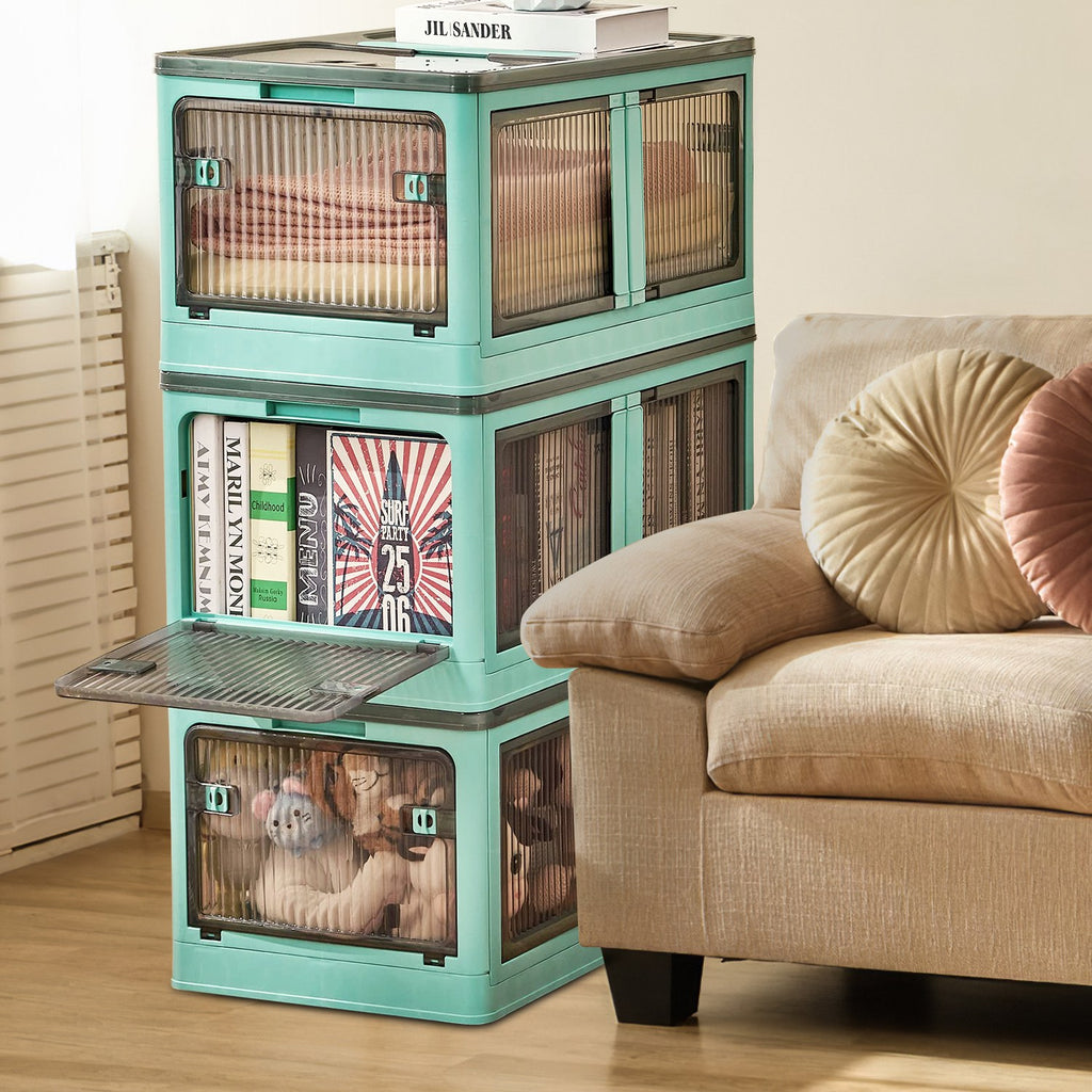 3-Piece Stackable Foldable Storage Bins with Lids and 4 Doors - Main Front View