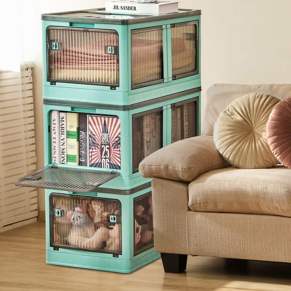 3-Piece Stackable Foldable Storage Bins with Lids and 4 Doors - Main Front View