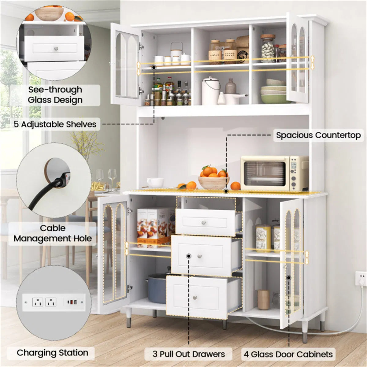 73 Inch White Kitchen Pantry Cabinet with Customizable LED Lights & Built in - Image 5