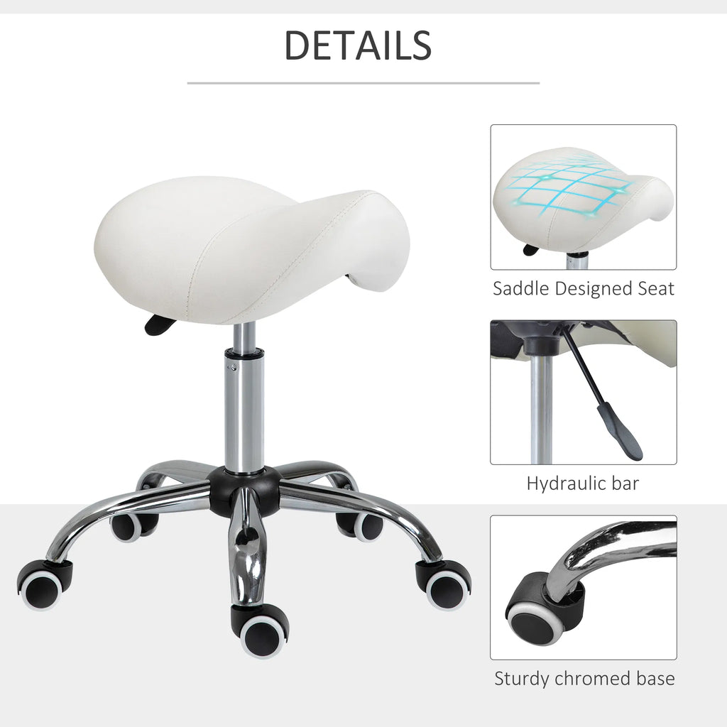 Cream White Rolling Salon Stool: Adjustable Hydraulic Swivel Saddle Chair PU - Image 4