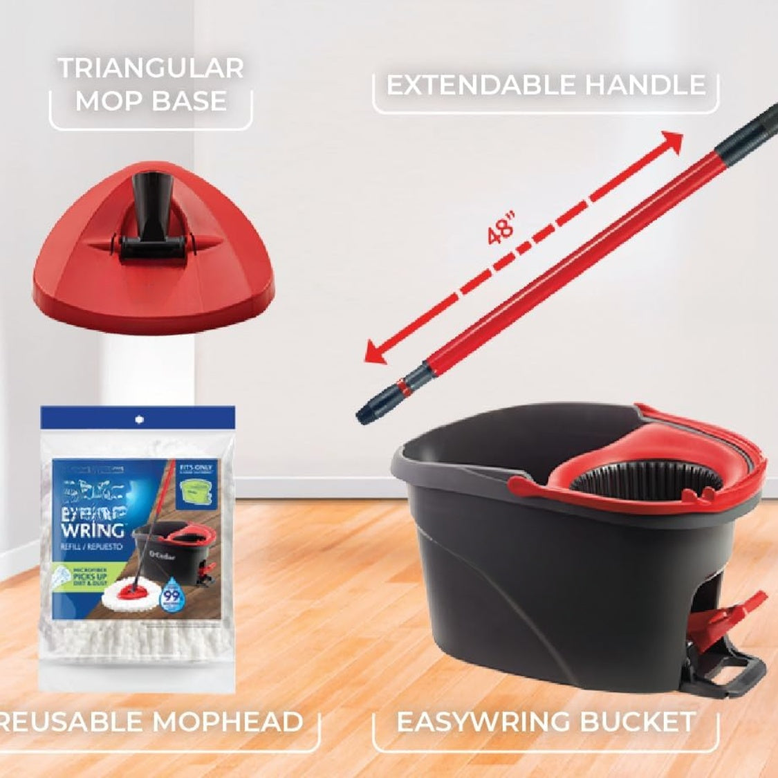 Easywring Microfiber Spin Mop Bucket Floor Cleaning System Red Gray Standard