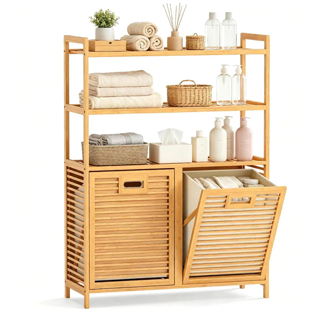 Natural Bamboo Tilt Out Laundry Hamper Cabinet with 2 Removable 7 Gallon Fabric - Image 3