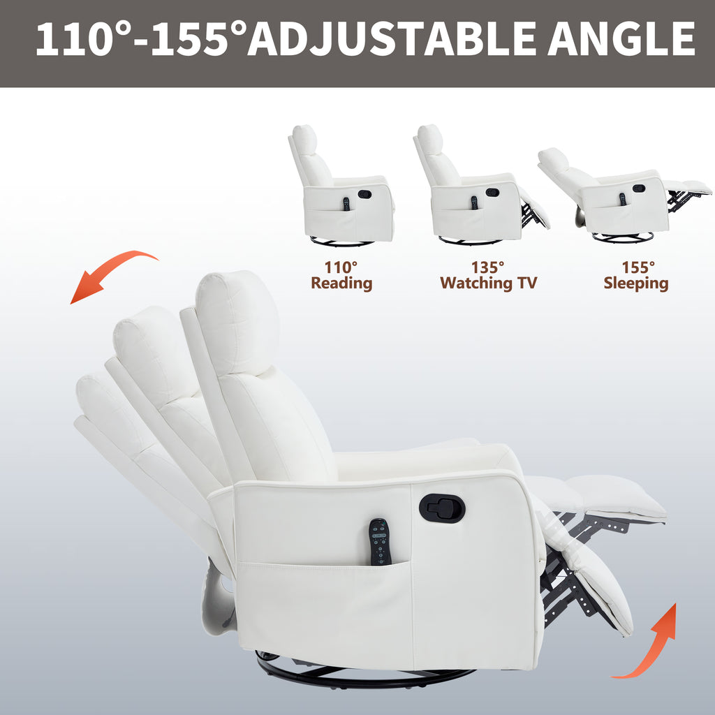 White Heat Massage Manual Recliner Chair with Rocker and Swivel in Faux Leather - Image 5