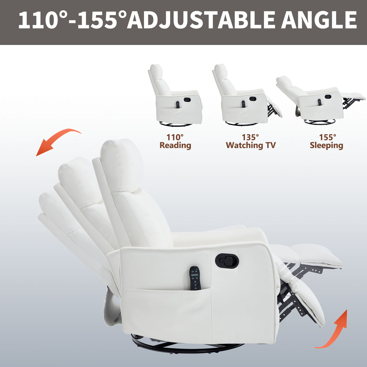 White Heat Massage Manual Recliner Chair with Rocker and Swivel in Faux Leather - Image 5