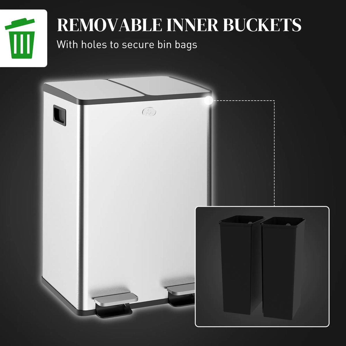 Dual Garbage Bin with Foot Pedal 2 x 28 Litre Garbage Can with Removable