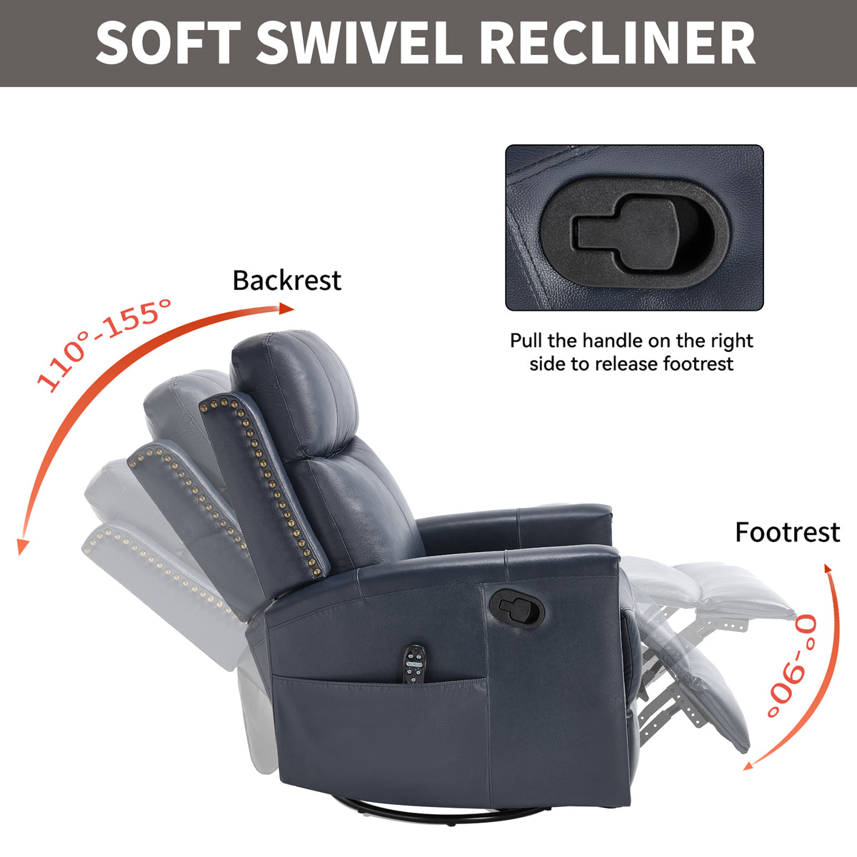 Blue Genuine Leather Heat Massage Manual Recliner Chair with Rocker and Swivel - Image 4